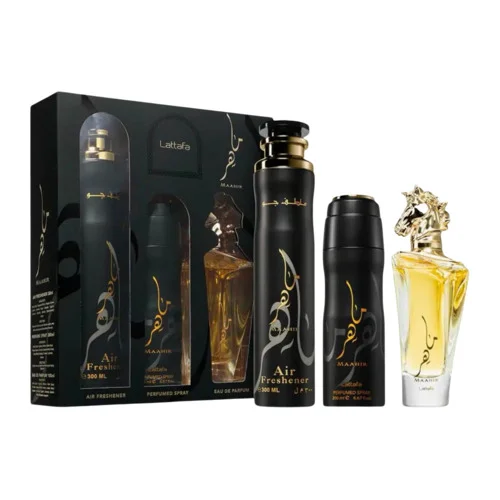 Lattafa Maahir Coffret Cadeau 100 ml eau de parfum 200 ml déodorant spray 300 ml Air Freshener