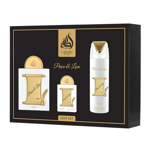 Lattafa Peace & Love Coffret Cadeau 100 ml eau de parfum 20 ml mini 200 ml déodorant spray Spray de voyage rechargeable
