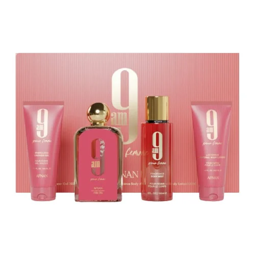 Afnan 9 AM pour Femme Coffret Cadeau 100 ml eau de parfum 100 ml Spray pour le corps 100 ml gel douche 100 ml lotion pour le corps parfumée