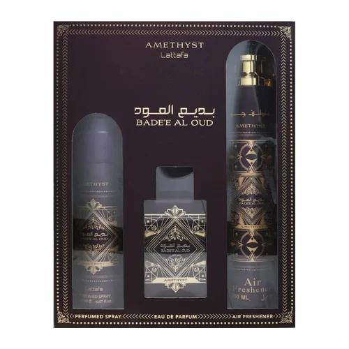 Lattafa Bade'e Al Oud Amethyst Coffret Cadeau 100 ml eau de parfum 200 ml déodorant spray 300 ml Interieur Spray